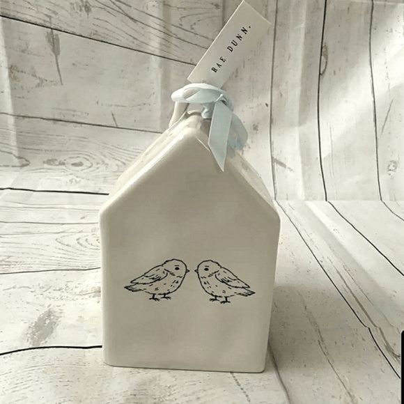 Rae Dunn Baby Bird Birdhouse w/ Blue Ribbon & Two Bird Decals 5" D, 7.5" H, 5" W - Picture 7 of 9